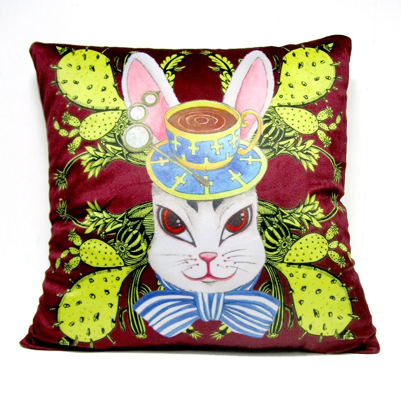 《Gookaso》砖红啡色 兔子伯爵 卡通印花抱枕 45x45cm 原创设计 - 枕头/抱枕 - 聚酯纤维 咖啡色