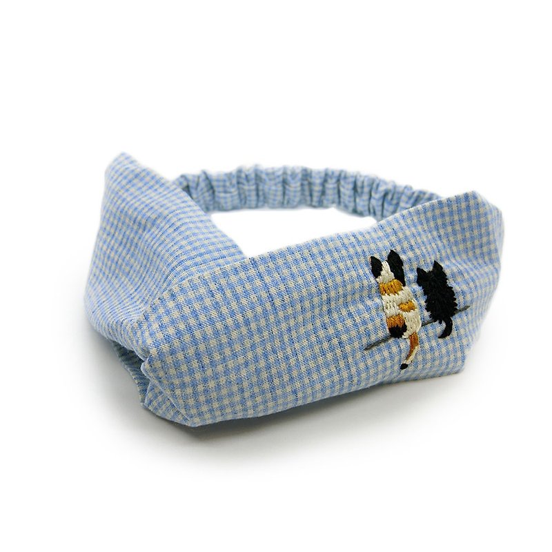 【壳艺品】猫咪背影100%纯手工刺绣发带 - 发带/发箍 - 棉．麻 蓝色