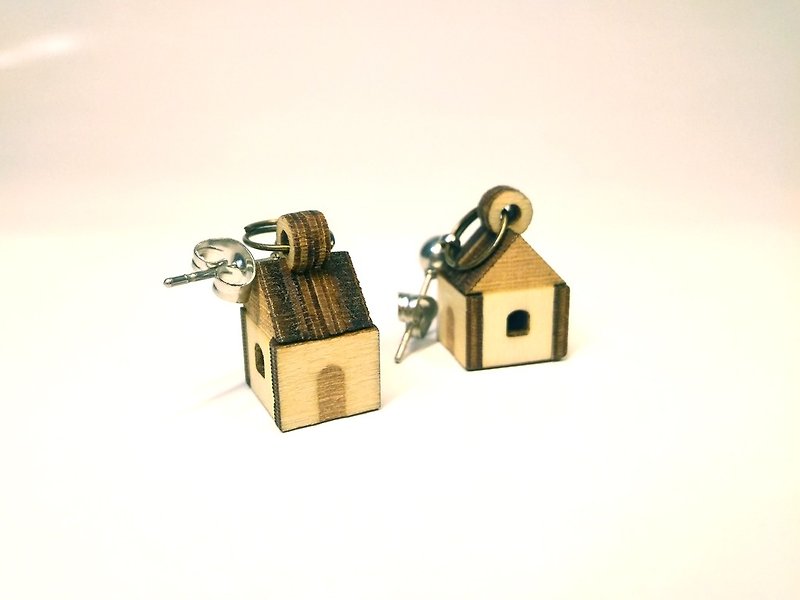 小房子耳环 - 可爱迷你木房子 - 耳环/耳夹 - 木头 
