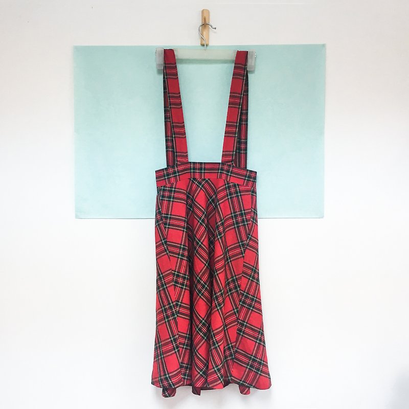 古着半裙/ 红色苏格兰斜格纹吊带裙 - 裙子 - 棉．麻 红色