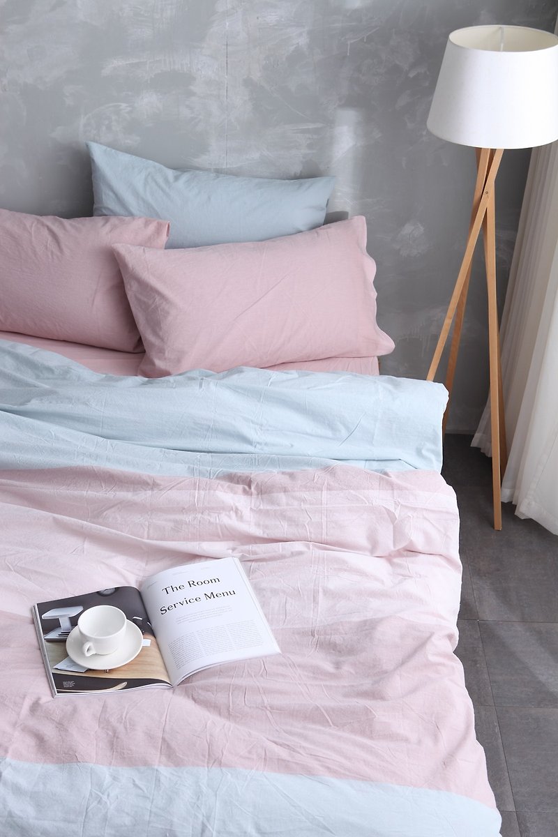 天然水洗棉被套床包枕套组 - 蓝 x 粉 - 寝具 - 棉．麻 粉红色