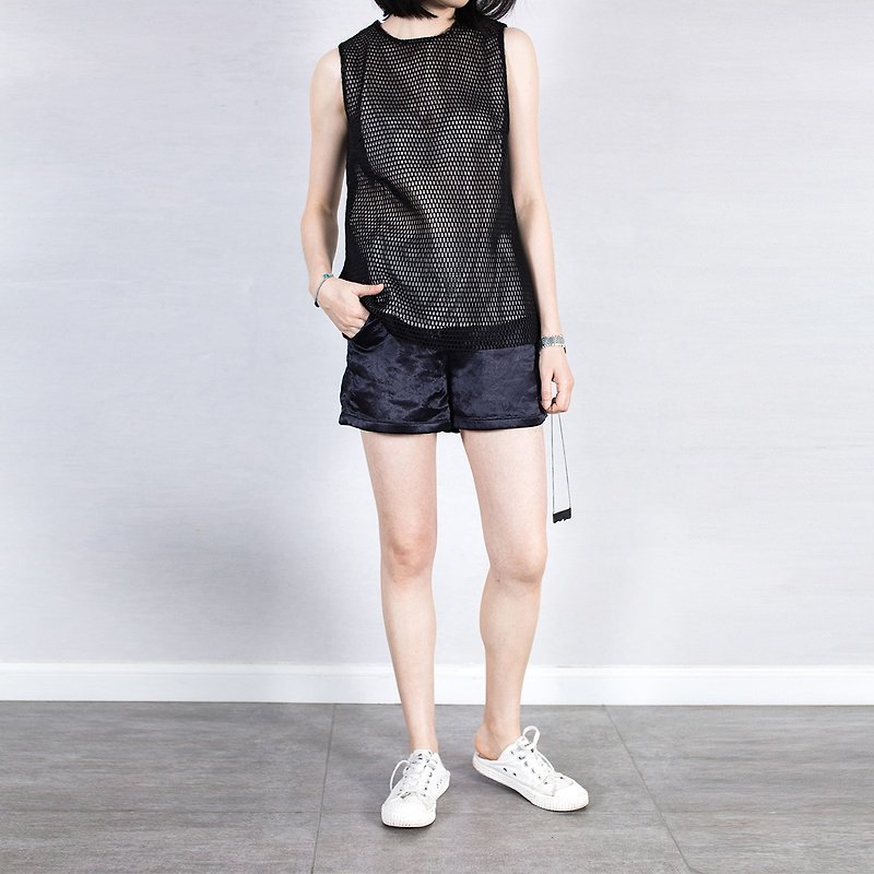 杲果GAOGUO原创设计师品牌 18夏黑网格真丝里衬运动感背心上衣 - 女装背心 - 聚酯纤维 黑色