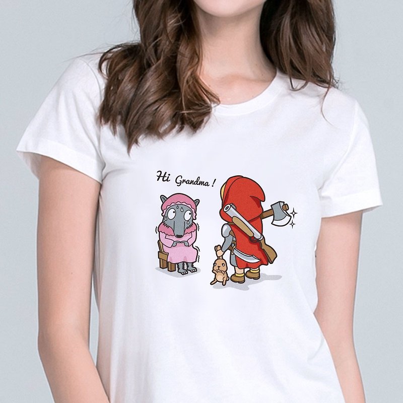 大红帽与小野狼  原创插画  短袖纯棉T恤-白色 - 女装 T 恤 - 棉．麻 白色