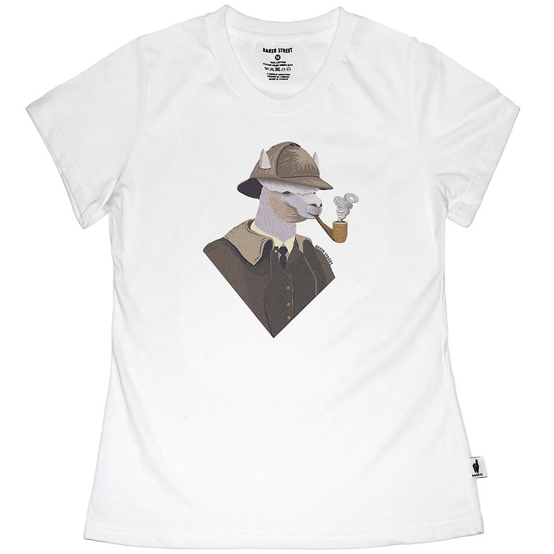 Sherlock Alpaca 侦探烟斗 女版短T - 女装 T 恤 - 棉．麻 白色