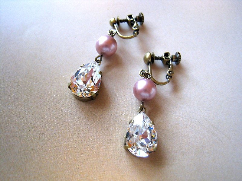Silky Pearl & Swarovski Crystal Drop Earrings / ED : Pink - 耳环/耳夹 - 水晶 
