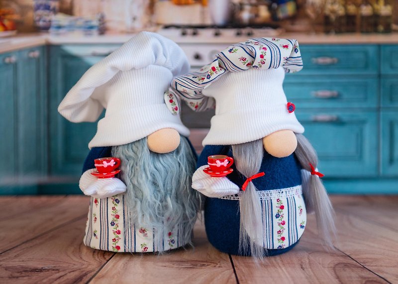 Kitchen gnome set, blue plush chef gnome, tea gifts for women - 玩偶/公仔 - 其他材质 多色
