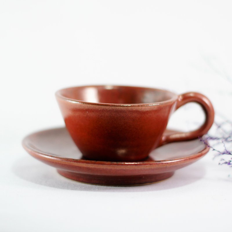 (展示品)铁红咖啡杯,附盘咖啡杯,咖啡杯组,杯碟-约95CC - 咖啡杯/马克杯 - 陶 红色