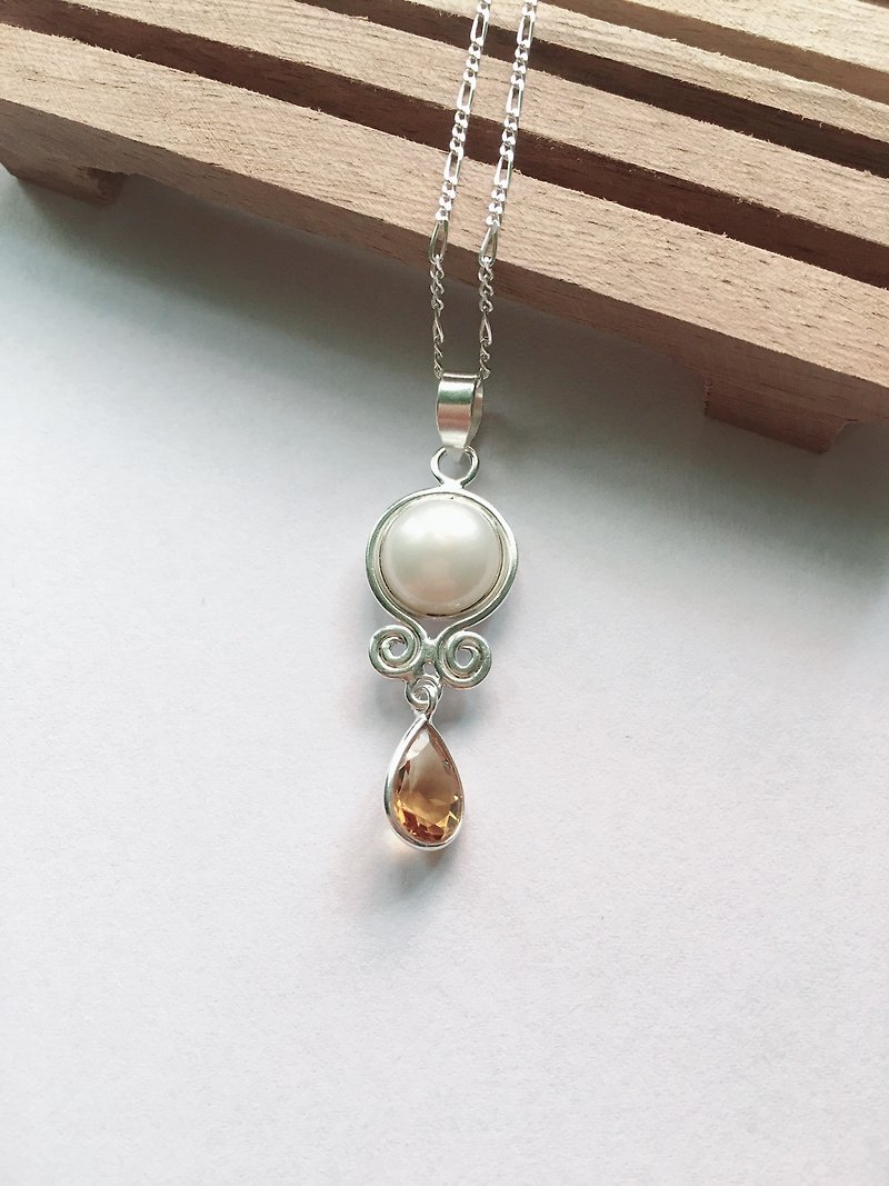 珍珠 黄水晶 吊坠 项链 尼泊尔 手工制 925纯银材质 - 项链 - 宝石 