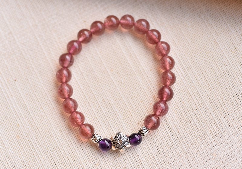 深色闪耀草莓晶+紫水晶纯银花朵手链 - 手链/手环 - 水晶 粉红色
