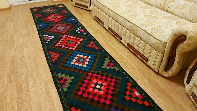 Vintage handwoven wool rug carpet. Romania Kilim.Bessarabian Kilim - 地垫/地毯 - 羊毛 多色