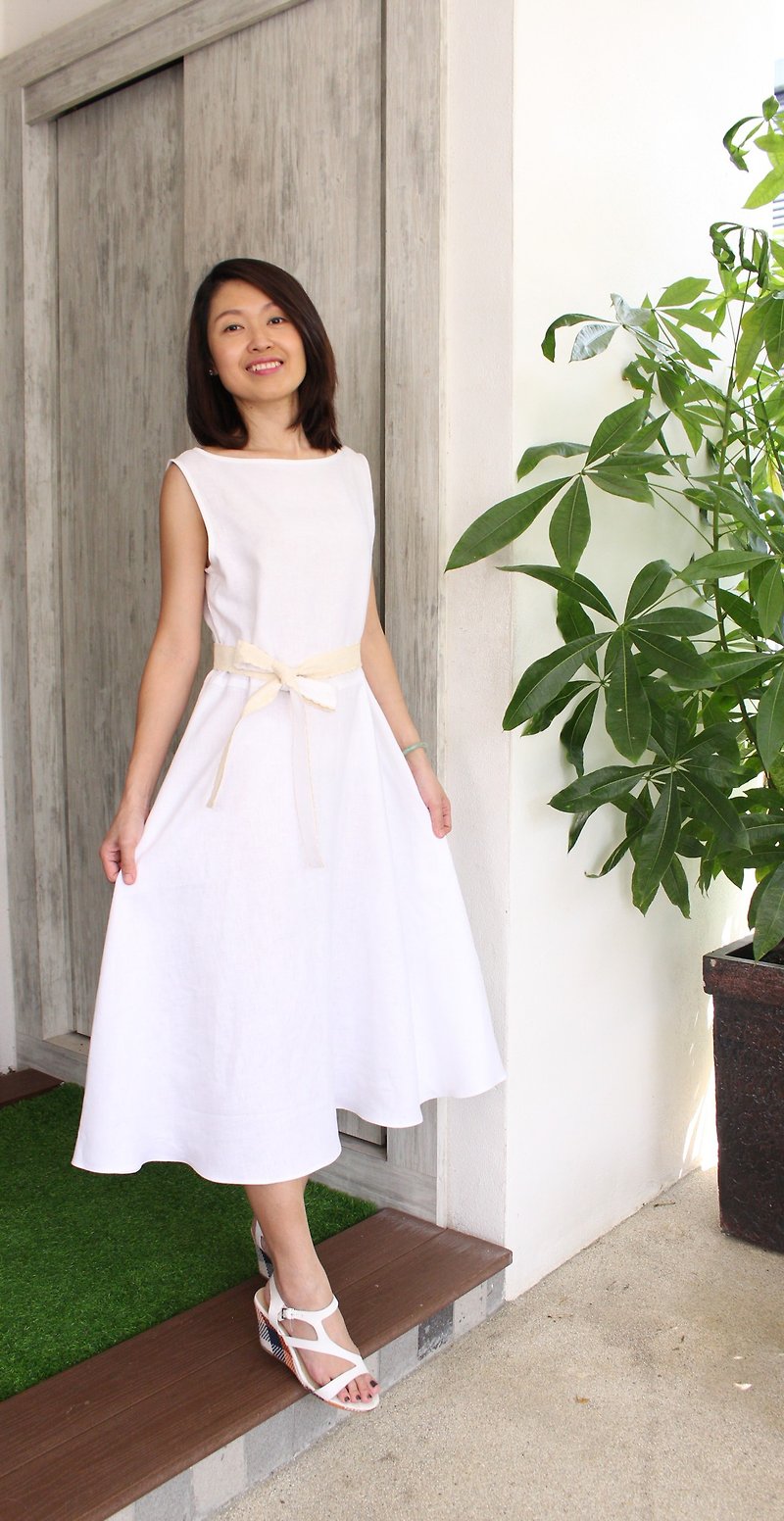 Linen Dress / Sleeveless Linen Dress / Wrap-Around Waistline / Lace Belt EP-D643 - 洋装/连衣裙 - 亚麻 
