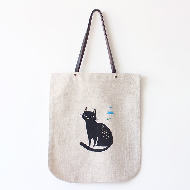 黑猫与小雪山手造Tote Bag I 喜欢黑猫 - 侧背包/斜挎包 - 棉．麻 卡其色