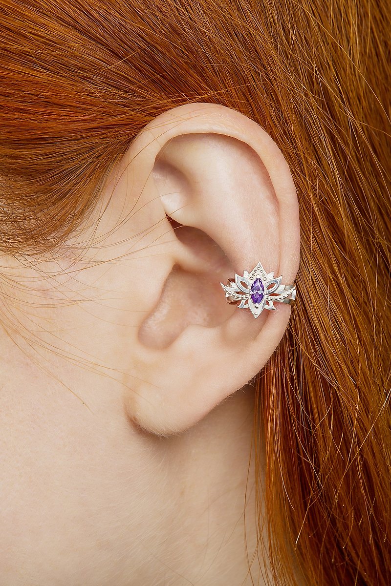 Lotus flower ear cuff silver, Lotus earring - 耳环/耳夹 - 纯银 银色