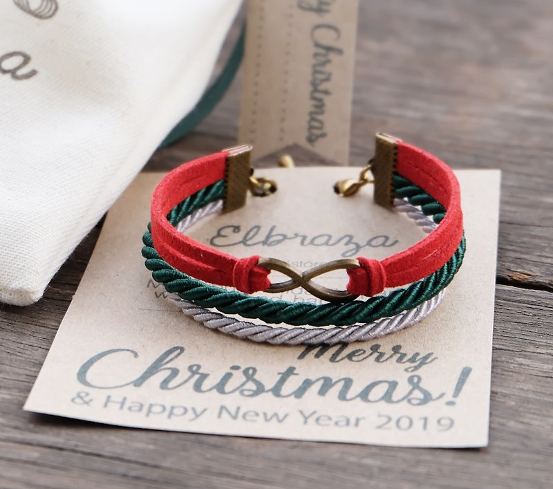 Brass infinity in Red suede Dark green Light gray rope - Christmas bracelet - 手链/手环 - 其他材质 红色