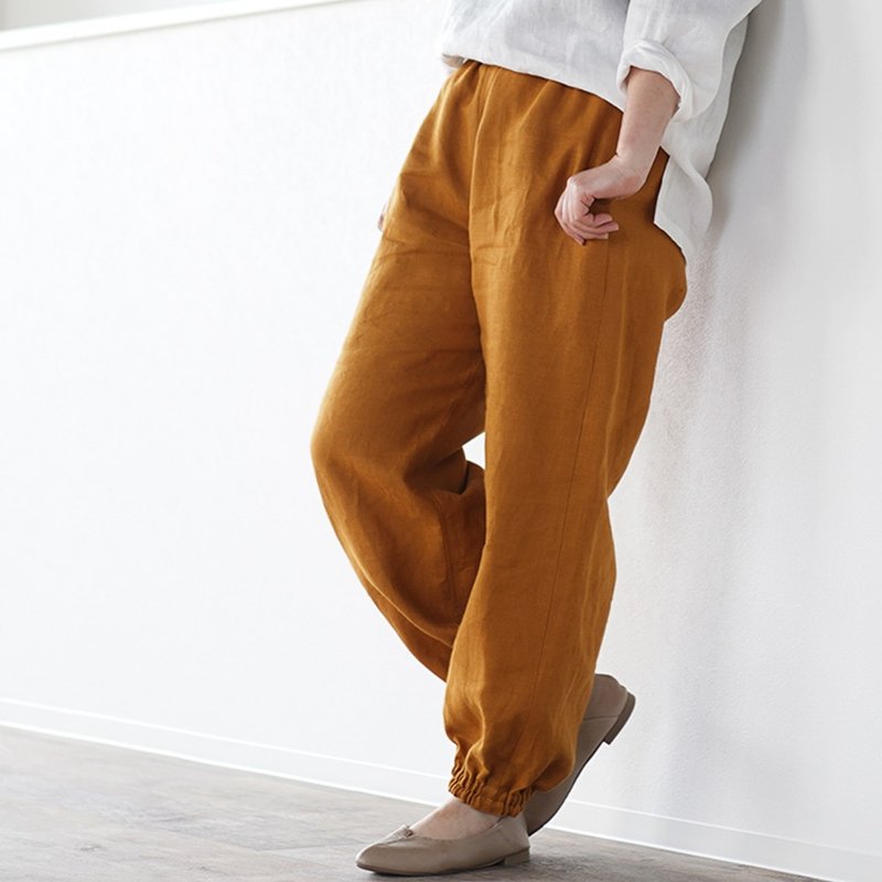 wafu - 亞麻褲子 Midweight Linen Unisex Monpe Pants / Amber b005d-kau2 - 中性裤装 - 亚麻 橘色