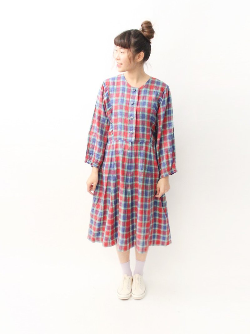 日本制红蓝格纹格子宽松纯棉古着洋装VintageDress - 洋装/连衣裙 - 棉．麻 红色