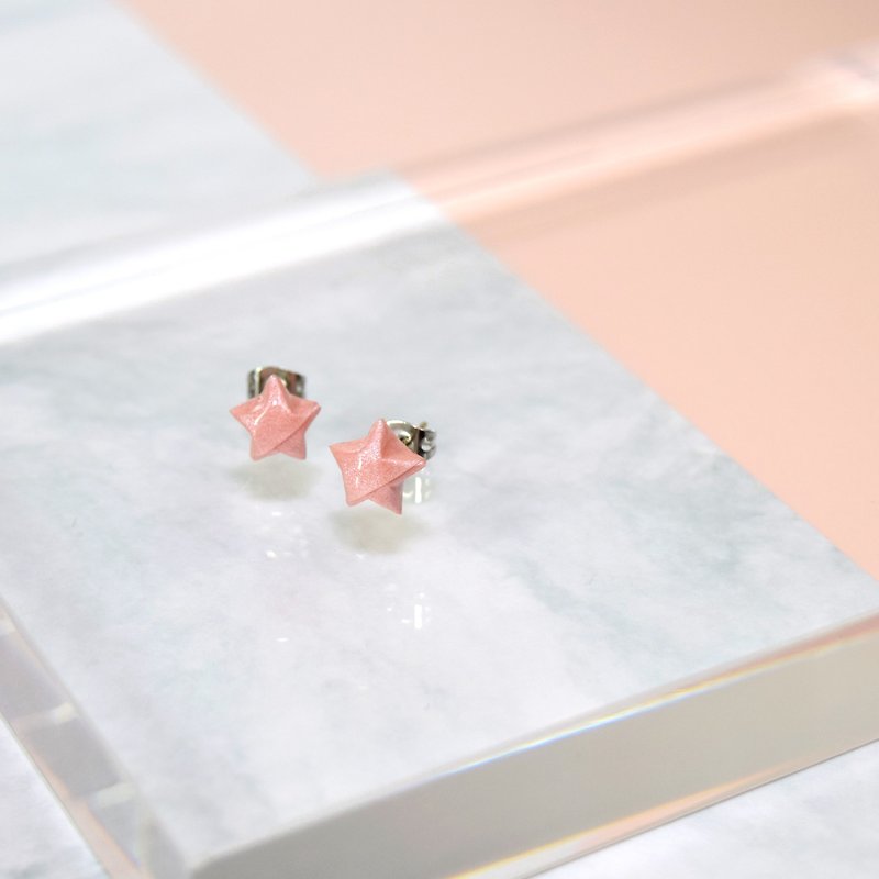 可爱小物珍珠粉红色幸运星星防水手工耳环 - 耳环/耳夹 - 纸 粉红色