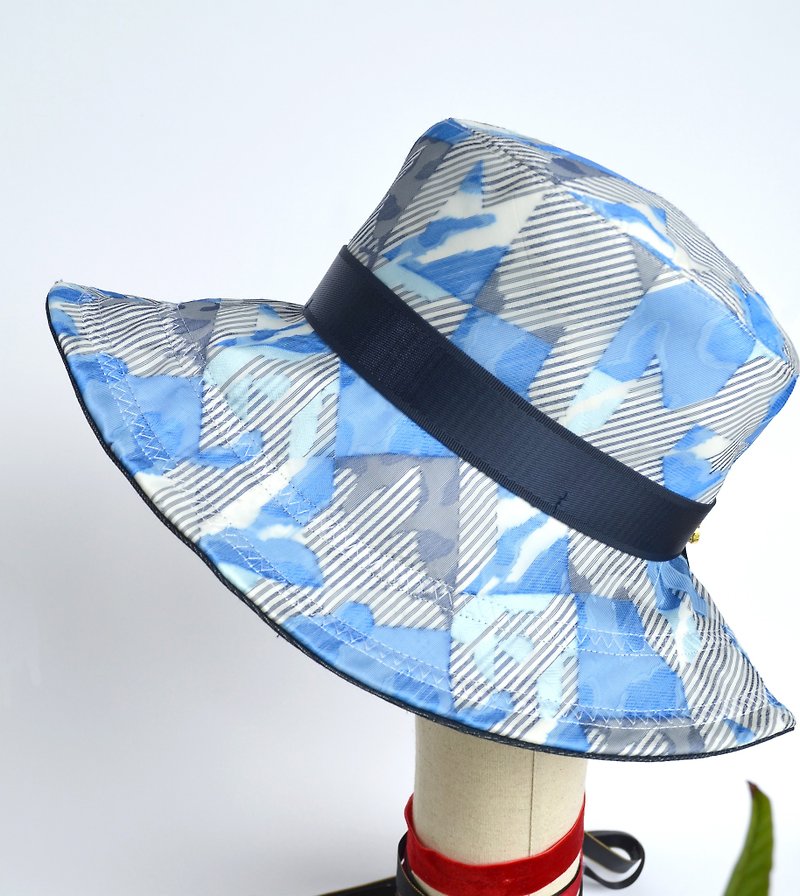 缇花色织几何宽檐帽 - 帽子 - 聚酯纤维 蓝色