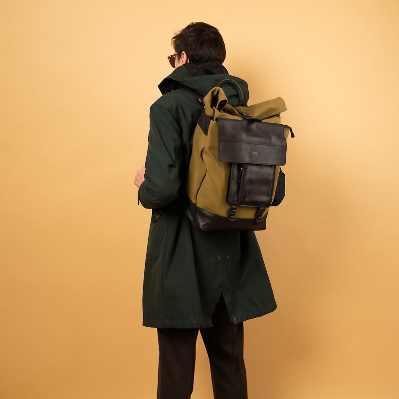 皮革和防水帆布制成的旅行背包 - 后背包/双肩包 - 棉．麻 卡其色