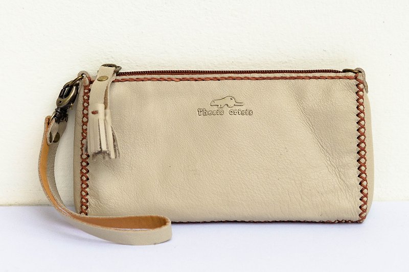 'MOBILE BAG' HANDMADE SMALL LEATHER BAG-WHITE/CREAM - 化妆包/杂物包 - 真皮 白色