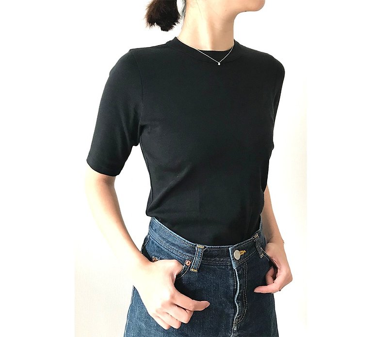 日本製オーガニックコットン 形にこだわった大人の4分袖無地Tシャツ 黒 【サイズ展開有り】 - 女装 T 恤 - 棉．麻 黑色