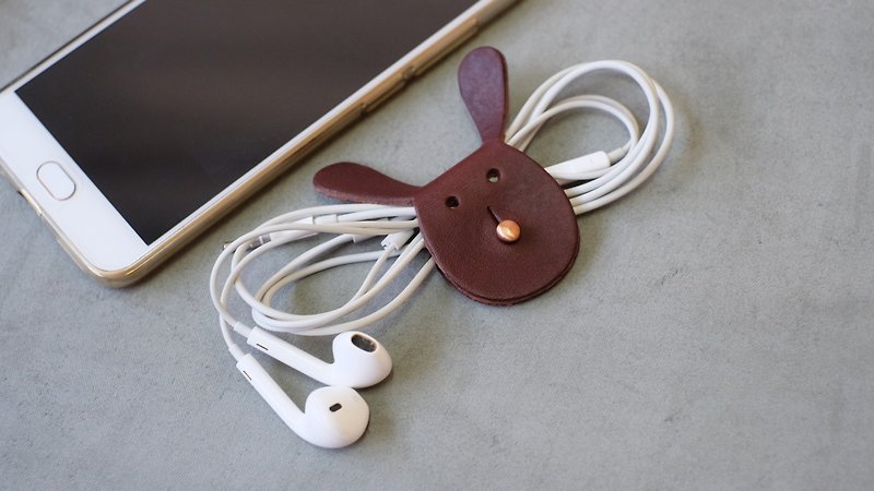 Leather Earphone Wrap / Headphone Holder / Cable Tidy - Dark Brown - 卷线器/电线收纳 - 真皮 咖啡色