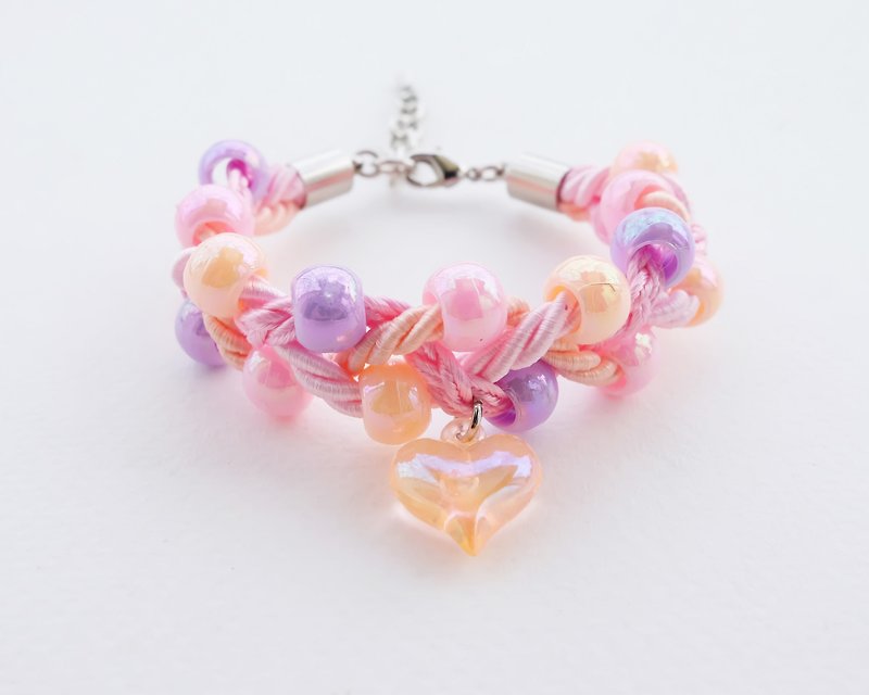 Peach-pink braided bead bracelet and heart charm - 手链/手环 - 其他材质 橘色