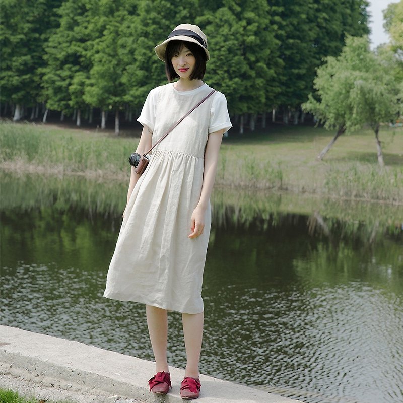 日系亚麻抽褶连衣裙|连衣裙|亚麻|独立品牌|Sora-139 - 洋装/连衣裙 - 棉．麻 