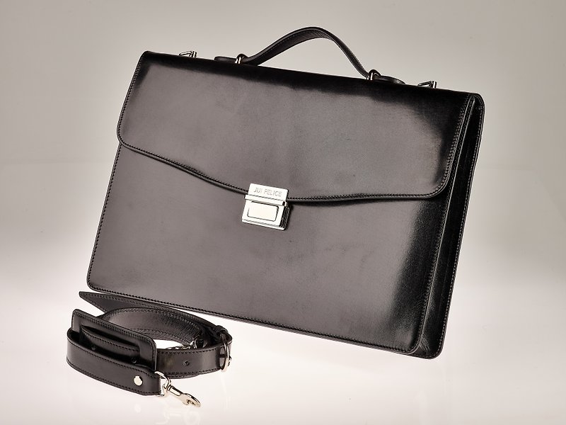 Black vegetable-tanned leather briefcase / nickel finish brass accessories - 公文包/医生包 - 真皮 黑色