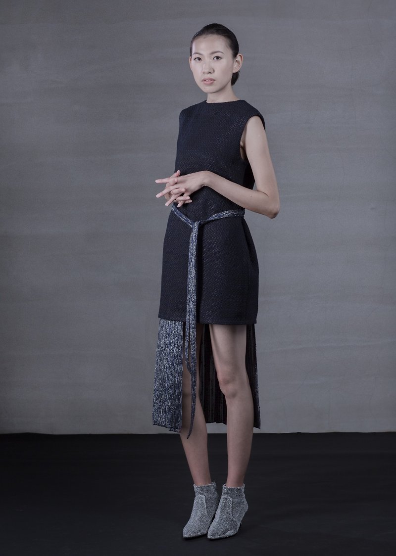 YIBO/深蓝色毛呢百折裙洋装 - 洋装/连衣裙 - 其他材质 