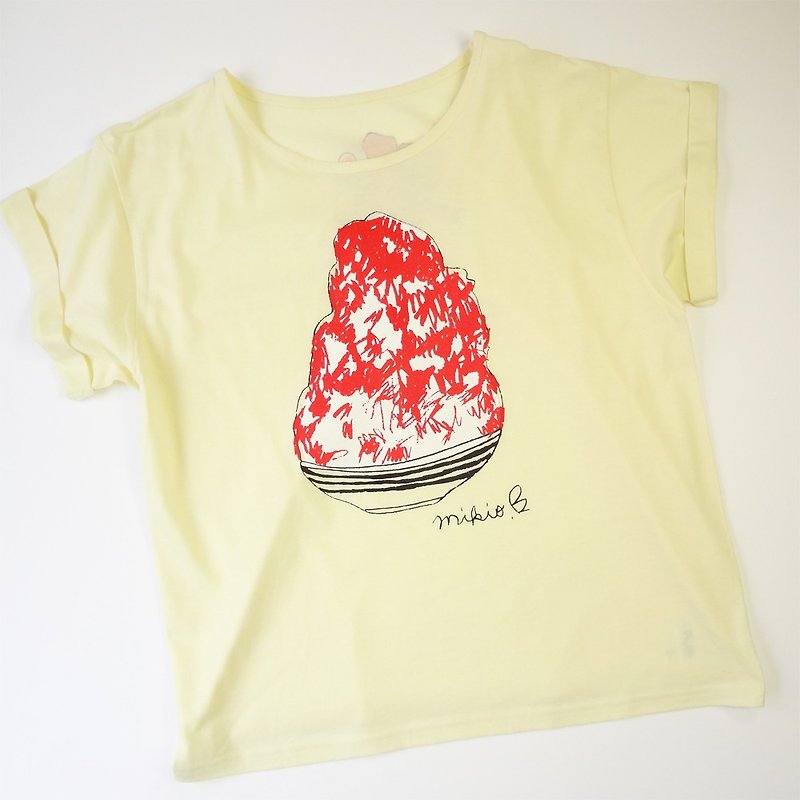 かき氷 刨冰 レディースゆるふわtシャツ Strawberry - 女装 T 恤 - 棉．麻 黄色