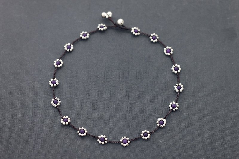  紫水晶银色雏菊花项链嬉皮短项链 - 项链 - 半宝石 紫色