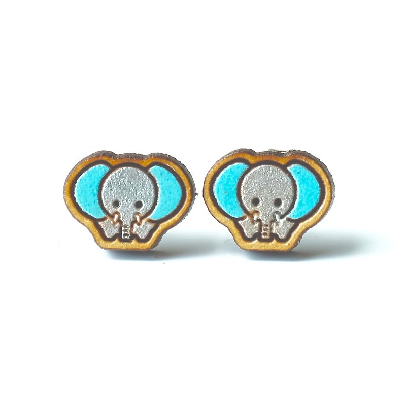彩绘木耳环-小象 - 耳环/耳夹 - 木头 蓝色