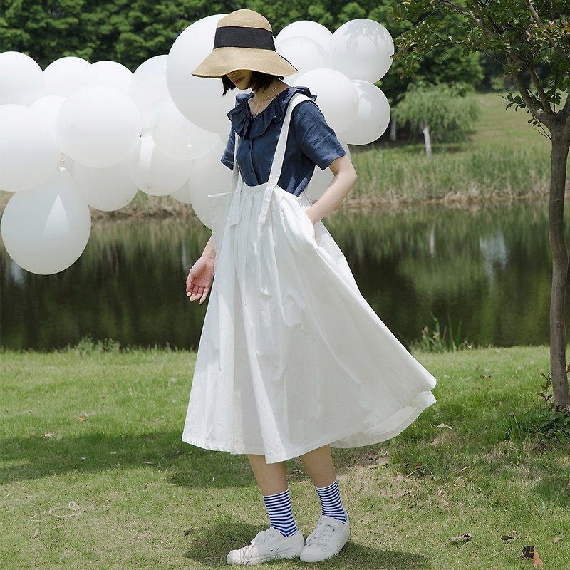 日系清新背带半身裙|裙子|棉|独立品牌|Sora-143 - 裙子 - 棉．麻 白色