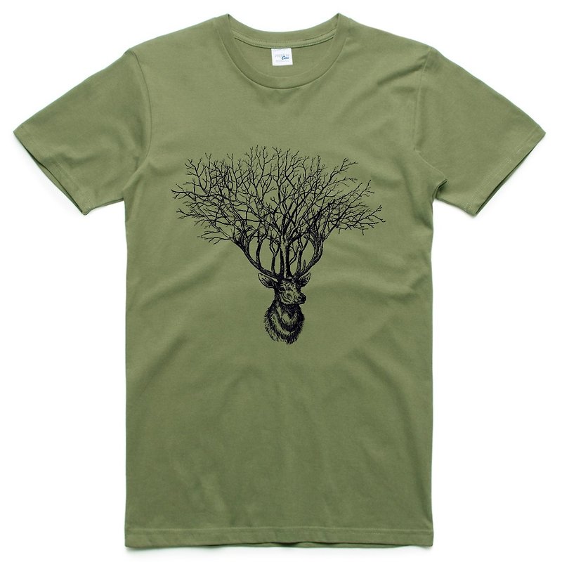 Deer Tree【现货】短袖T恤 军绿色 鹿树麋鹿设计文青自创品牌动物 - 男装上衣/T 恤 - 棉．麻 绿色