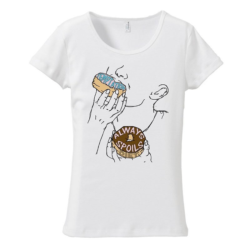 レディースTシャツ / temptation always spoils diet - 女装 T 恤 - 棉．麻 白色