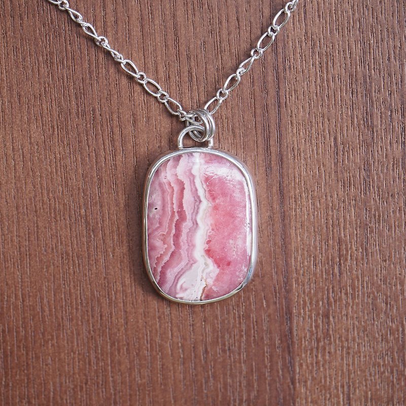 大颗 天然菱锰矿 红纹石 手工纯银长链 印加玫瑰 阿根廷石 - 项链 - 宝石 粉红色