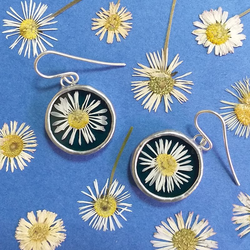 Pressed Flowers earrings Dried daisy earrings - 耳环/耳夹 - 玻璃 绿色