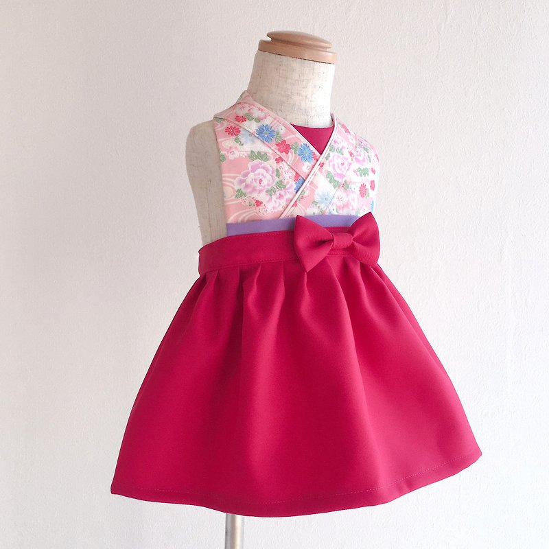 Kawaii Kimono Bib Dress(日本和服围兜) - 流水花 P - WR - 围嘴/口水巾 - 棉．麻 红色