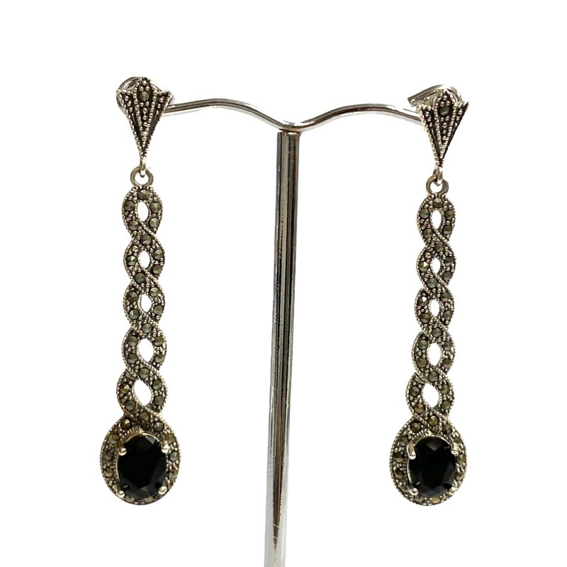 Art Deco Style Black Onyx, Marcasite Large Spiral Earrings 925 Sterling Silver - 耳环/耳夹 - 纯银 银色