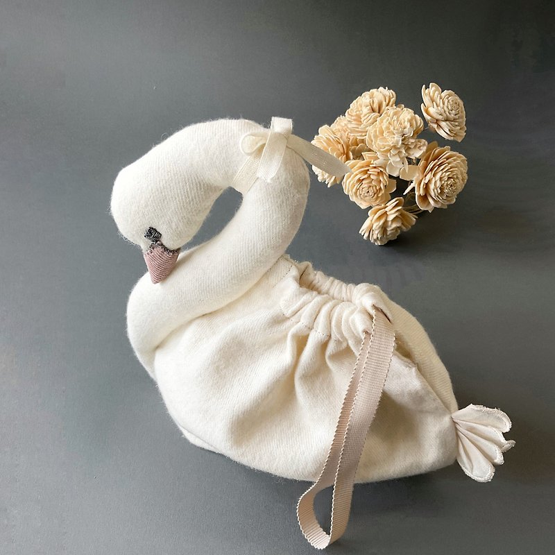 スワンポーチ　白鳥巾着　オーガニックコットン - 手提包/手提袋 - 棉．麻 白色