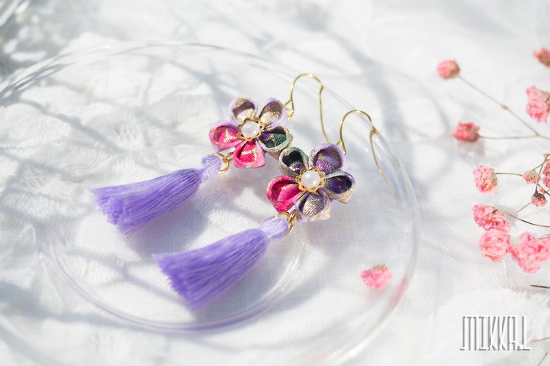 新年限定 优雅气质色调 淡紫色系列流苏耳环 S925 - 耳环/耳夹 - 棉．麻 紫色