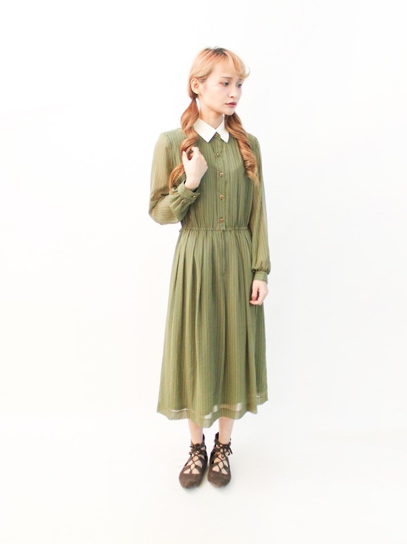 日本制复古绿色几何点点拼接领长袖薄古着洋装 Vintage Dress - 洋装/连衣裙 - 聚酯纤维 绿色
