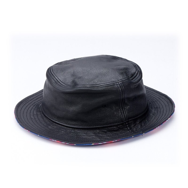 渔夫帽 羊皮帽 天然皮革  真皮帽子 户外休闲 水桶帽 黑色/黄色 - 帽子 - 真皮 黑色