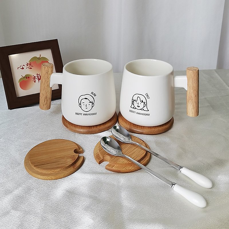 【定制化】定制情侣结婚周年礼物木柄陶瓷杯套装 - 咖啡杯/马克杯 - 陶 