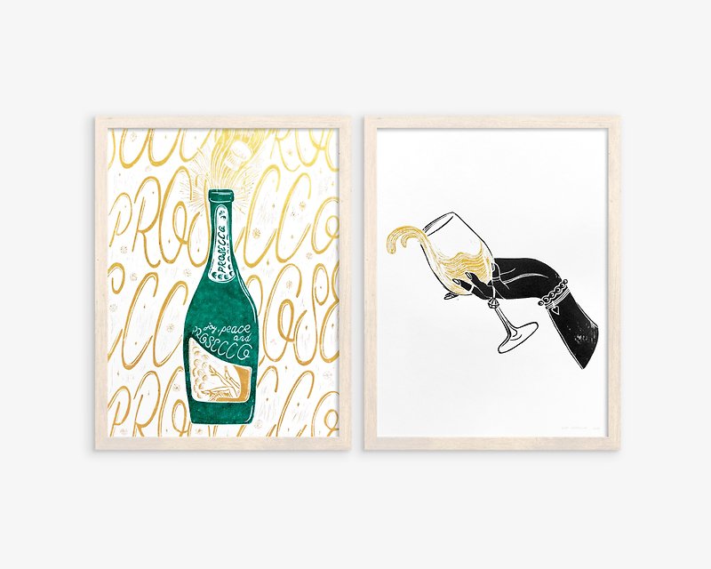 画廊墙套装 2 件 Linocut 版画 Prosecco 女士手拿玻璃白葡萄酒 - 海报/装饰画/版画 - 纸 金色