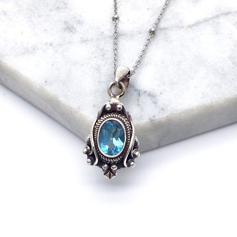 蓝托帕石925纯银魔镜风格项链 尼泊尔手工镶嵌制作 - 项链 - 宝石 蓝色