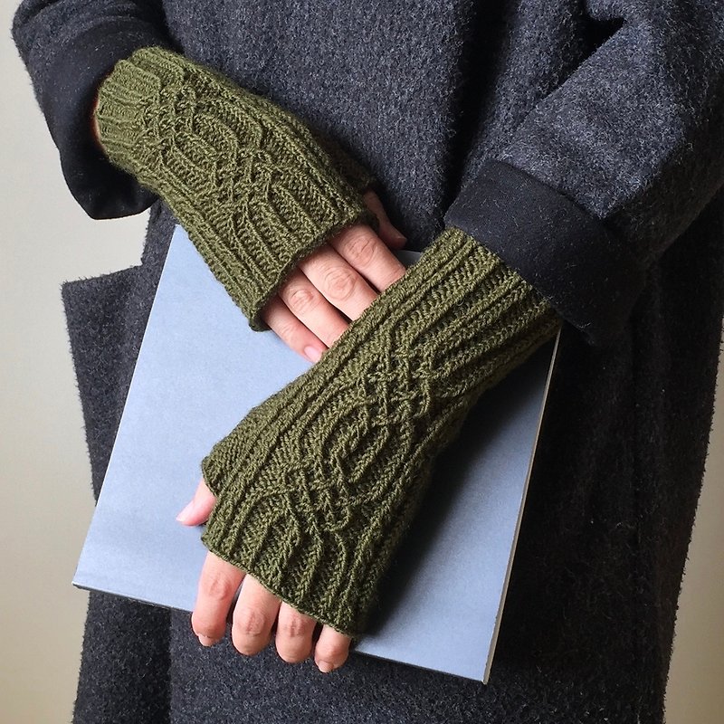 晓织物-手工编织羊毛立体花纹露指手套-结 (绿） - 手套 - 羊毛 绿色