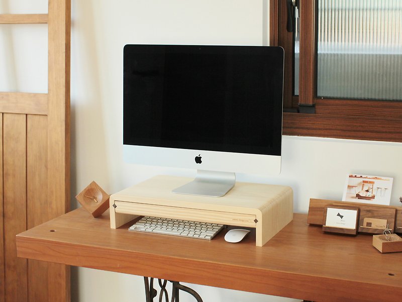 ㄇ型原木屏幕架-抽屉款-公版4SII高度加高版-键盘架 - 收纳用品 - 木头 咖啡色