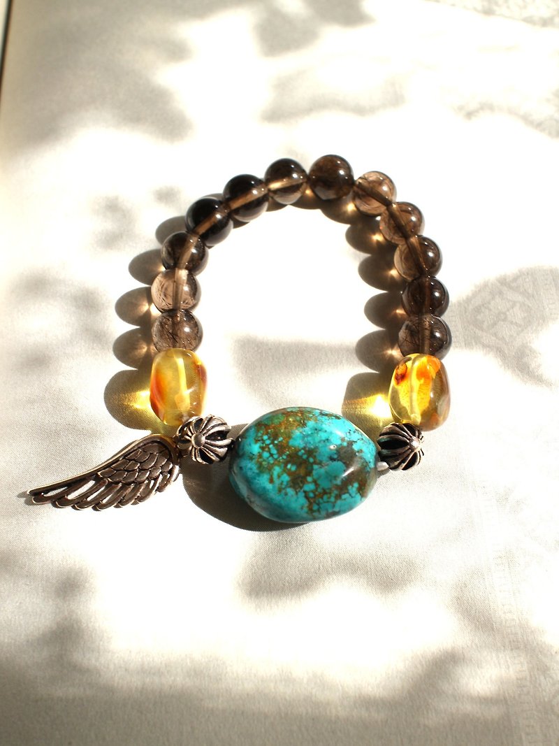 绿松石 茶发晶  波罗的海琥珀 纯银翅膀设计手链 - 手链/手环 - 宝石 